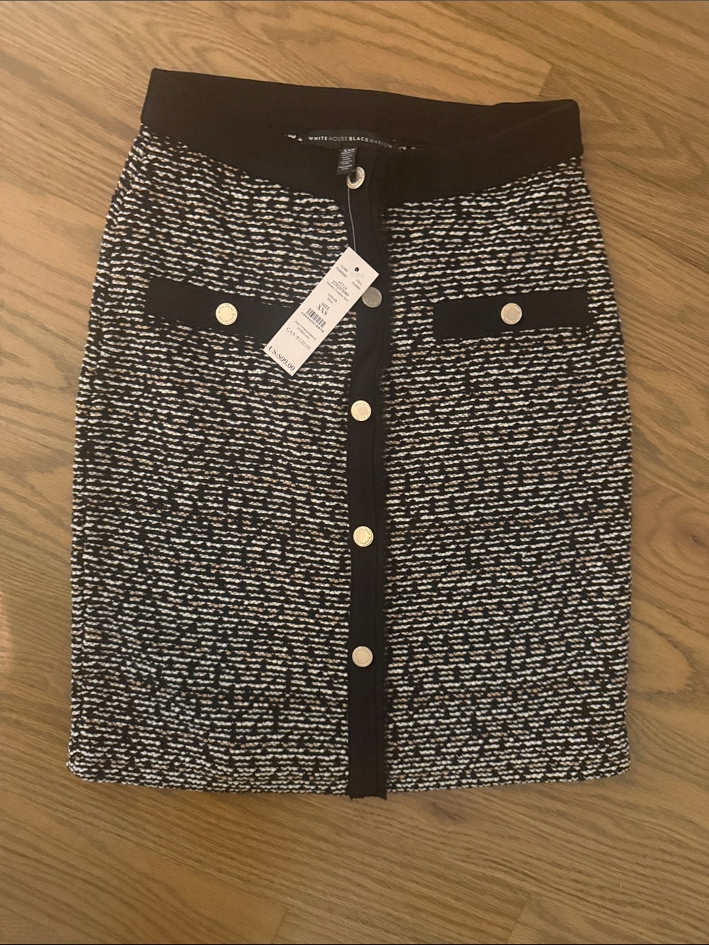 White House Black Market Black and White Tweed-Effect Button Front Pencil Skirt